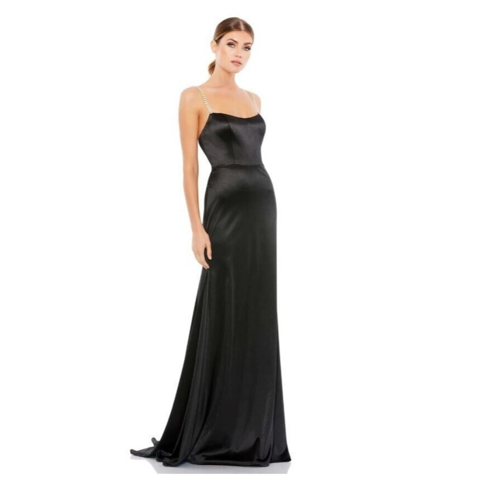 Mac Duggal Charmeuse Rhinestone Strap Trumpet Satin Gown Size 10 Black A12428